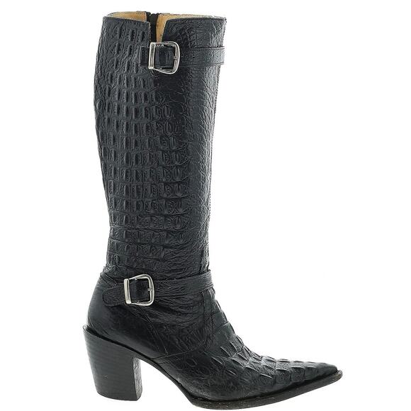 Botas Jaca Gator Cowboy Boots Black Leather Exotic Croc Women Pointed Square Toe - Picture 1 of 10